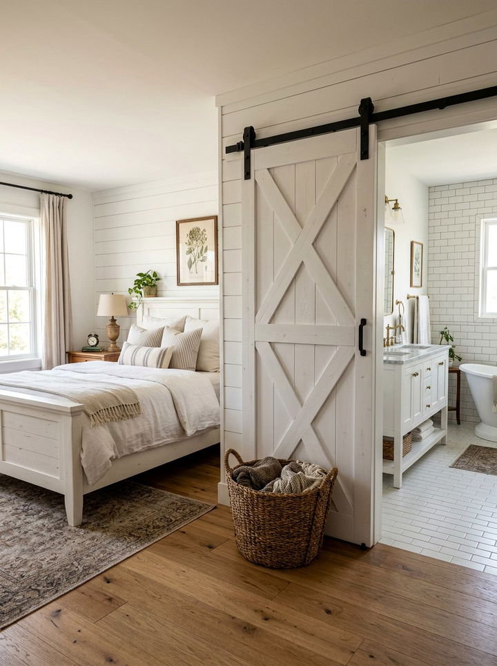 Farmhouse Bedroom With Sliding Barn Door - 30 farmhouse white bedroom ideas