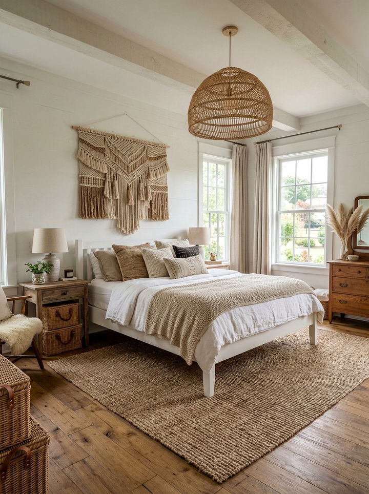 Farmhouse Bedroom With Woven Textures - 30 farmhouse white bedroom ideas