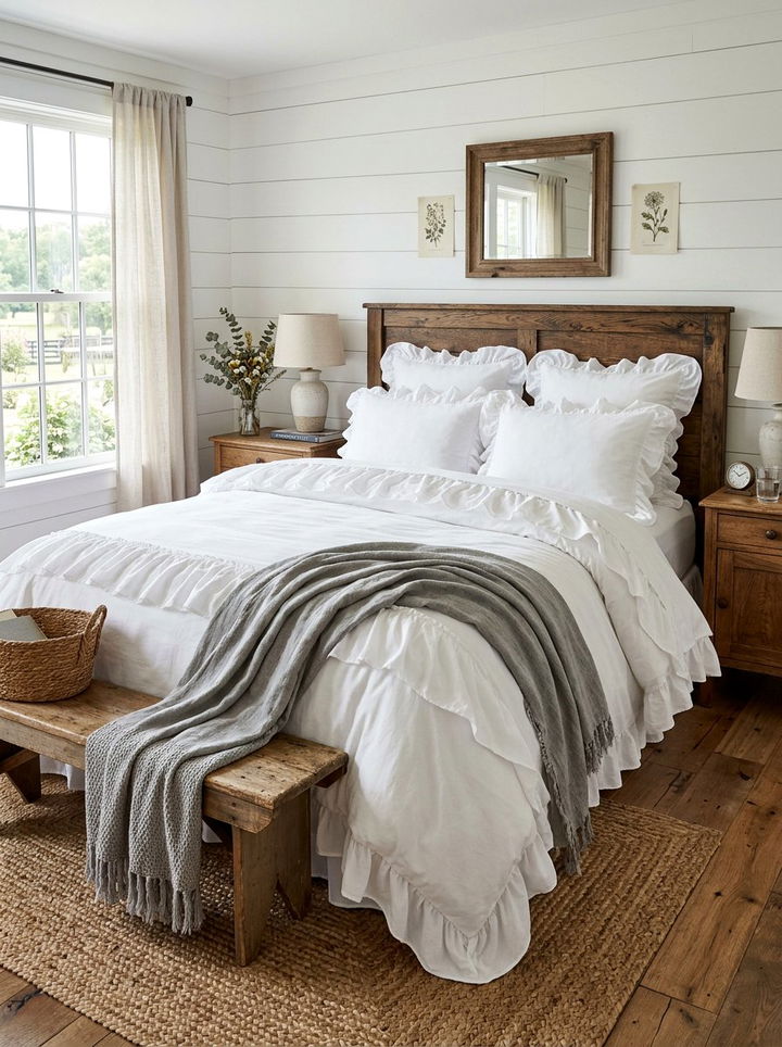 Farmhouse Ruffled Bedding - 30 bedroom layered bedding ideas