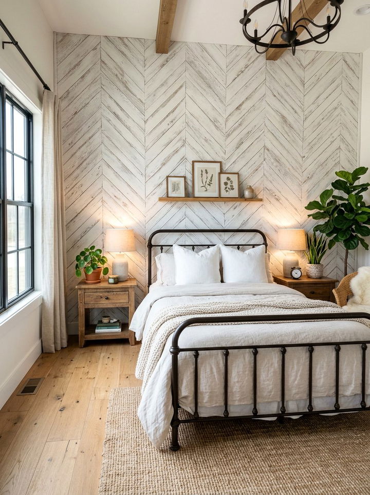 Farmhouse White Wash Chevron Wood Wall - 30 bedroom chevron wall ideas