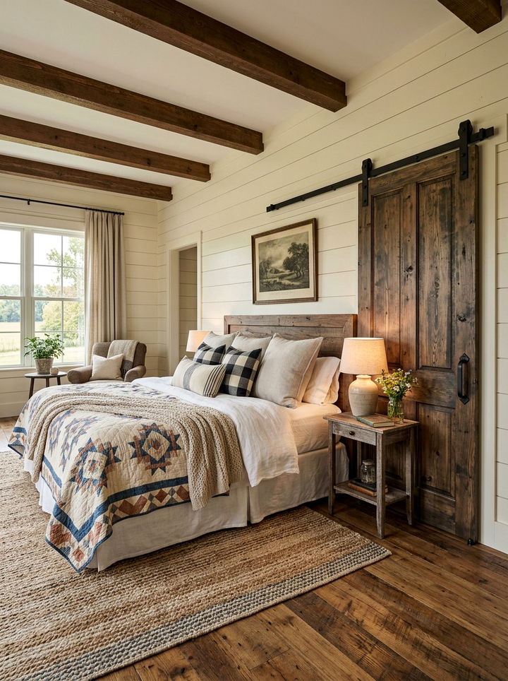 Farmhouse bedroom with sliding barn door - 30 L-shaped bedroom ideas