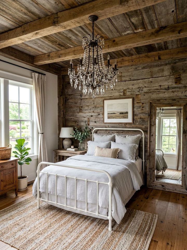 Farmhouse crystal chandelier - 30 rustic white bedroom ideas