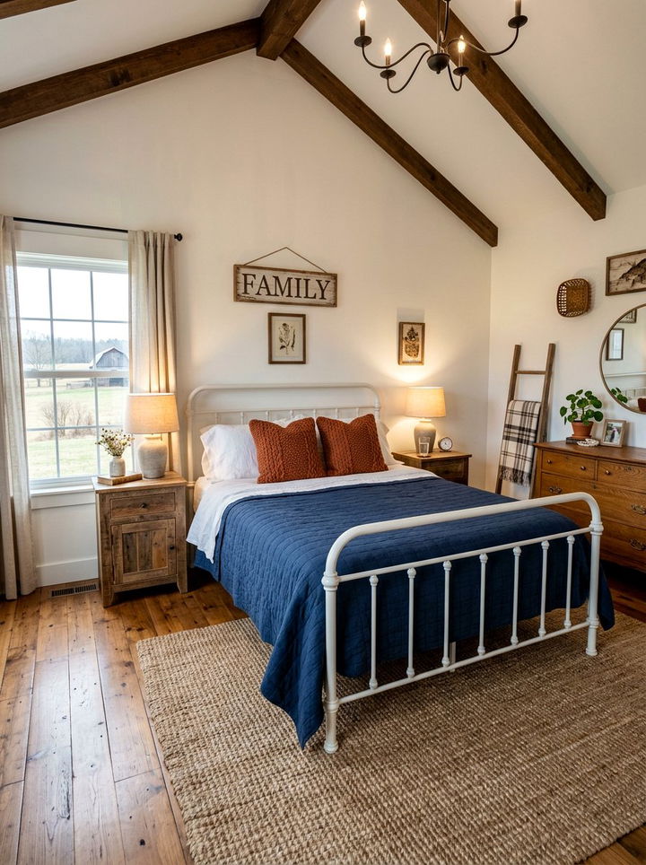 Farmhouse navy and burnt orange bedroom - 30 burnt orange and navy bedroom ideas