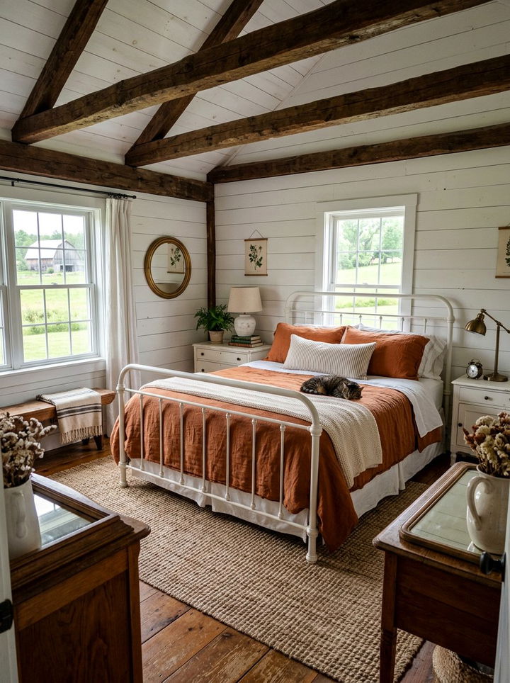 Farmhouse orange and white bedroom look - 30 orange and white bedroom ideas