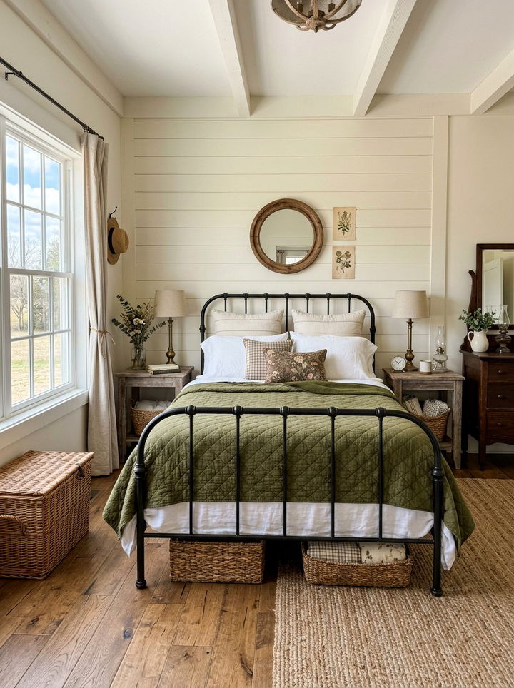 Farmhouse style bedroom - 30 olive and cream bedroom ideas
