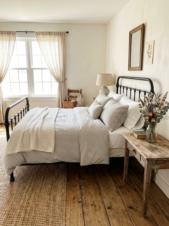 Farmhouse ticking stripe bedroom - 30 bedroom striped bedding ideas