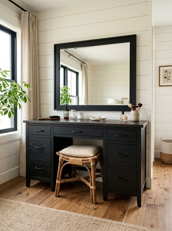 Farmhouse vanity with black finish - 30 farmhouse black bedroom ideas