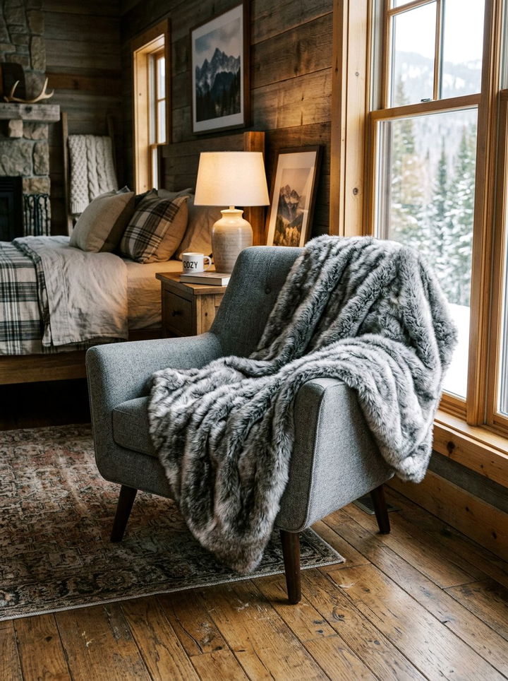 Faux Fur Throw Blanket - 30 rustic gray bedroom ideas