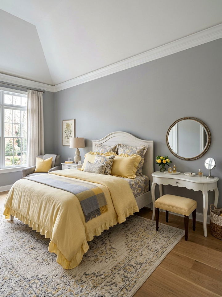 Feminine gray butter yellow bedroom - 30 gray yellow bedroom ideas