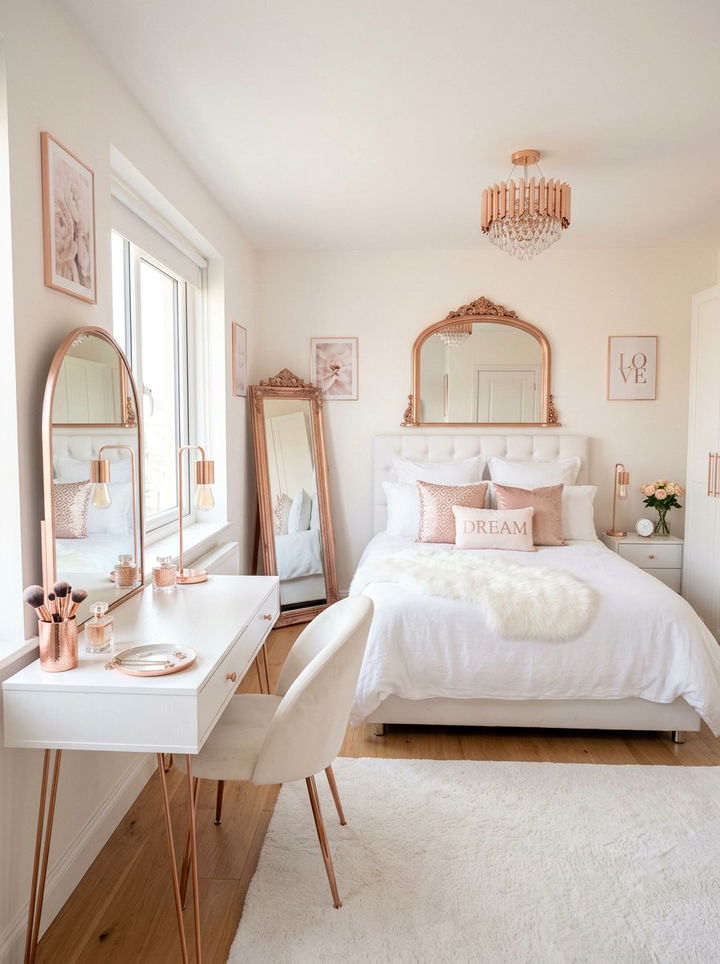 Feminine white bedroom with rose gold - 30 gold and white bedroom ideas