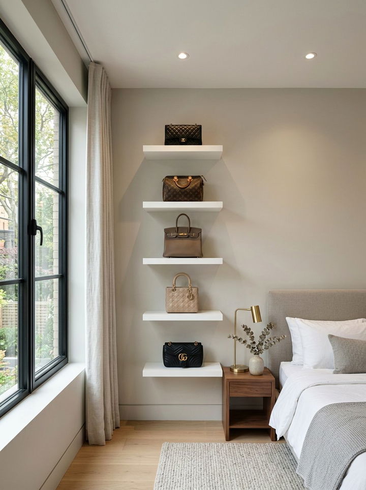 Floating Bag Shelves - 30 bedroom bag storage ideas