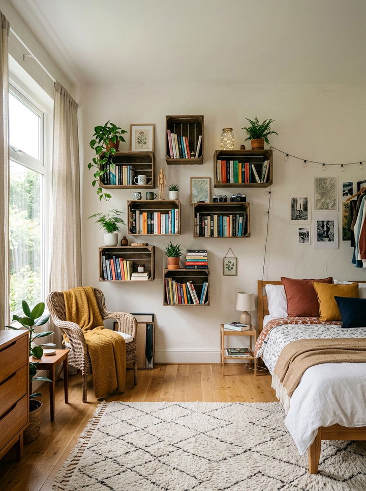 Floating Crate Shelves - 30 thrifted bedroom ideas