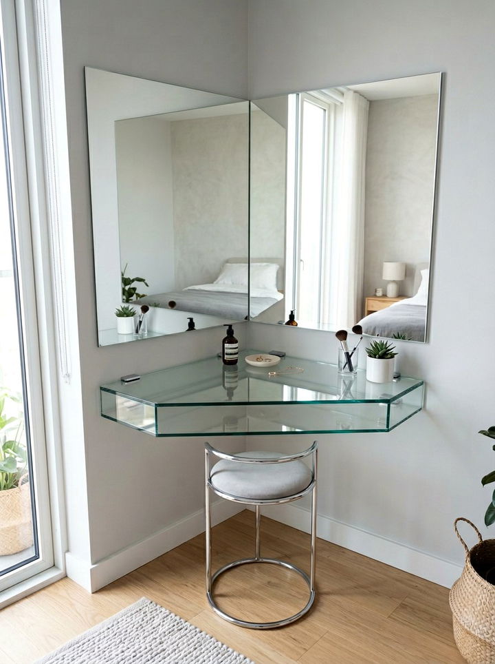 Floating Glass Corner Vanity - 30 bedroom corner vanity ideas