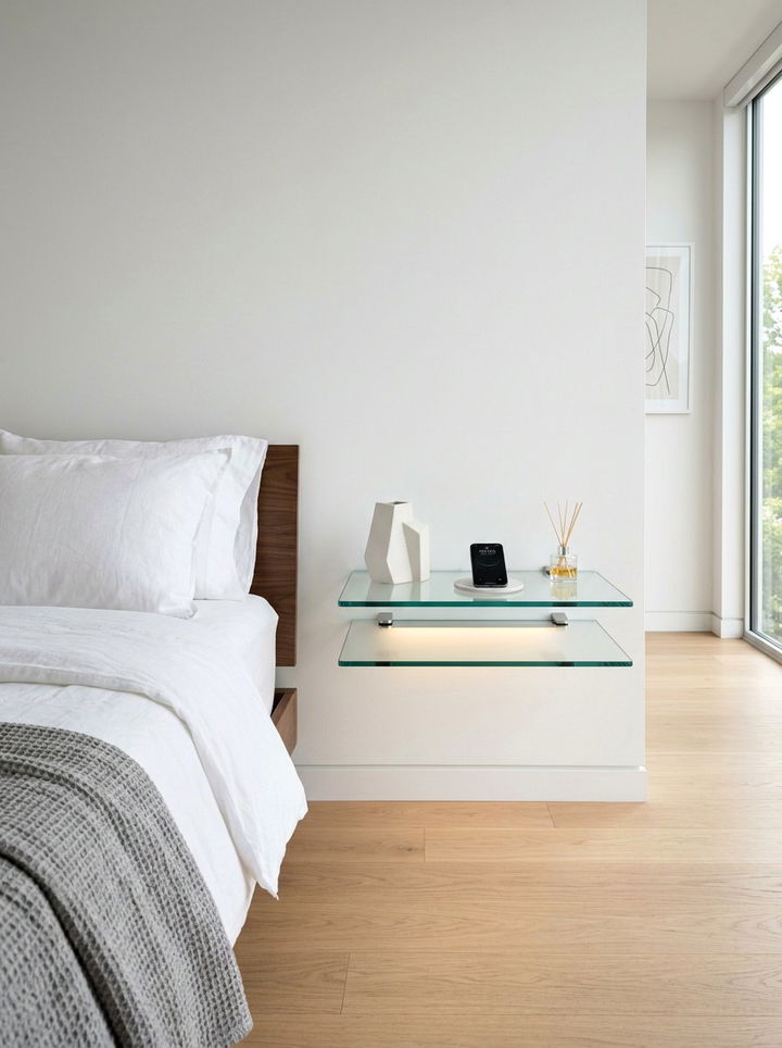 Floating Glass Shelf - 30 bedroom nightstand ideas