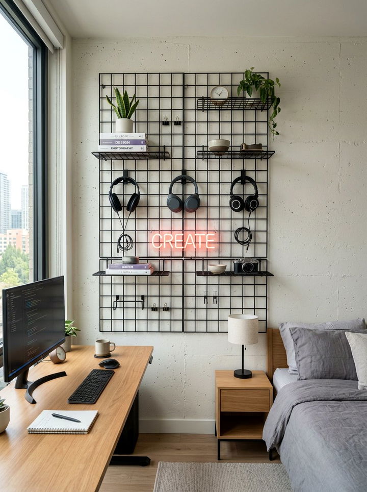 Floating Metal Grid Shelves - 30 bedroom overhead storage ideas