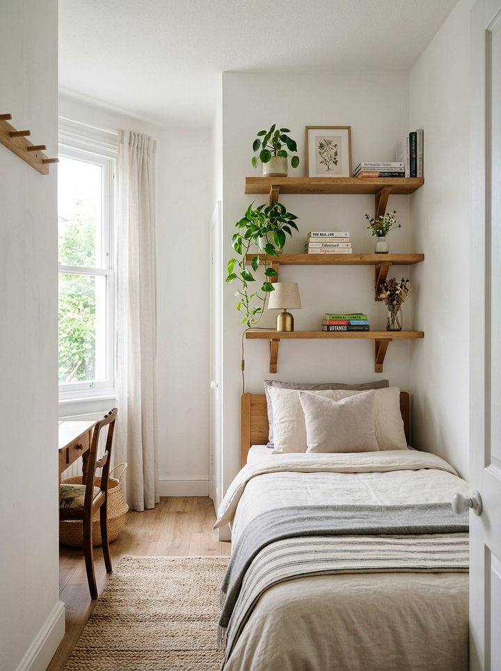 Floating Shelves Above Bed - 30 narrow bedroom ideas