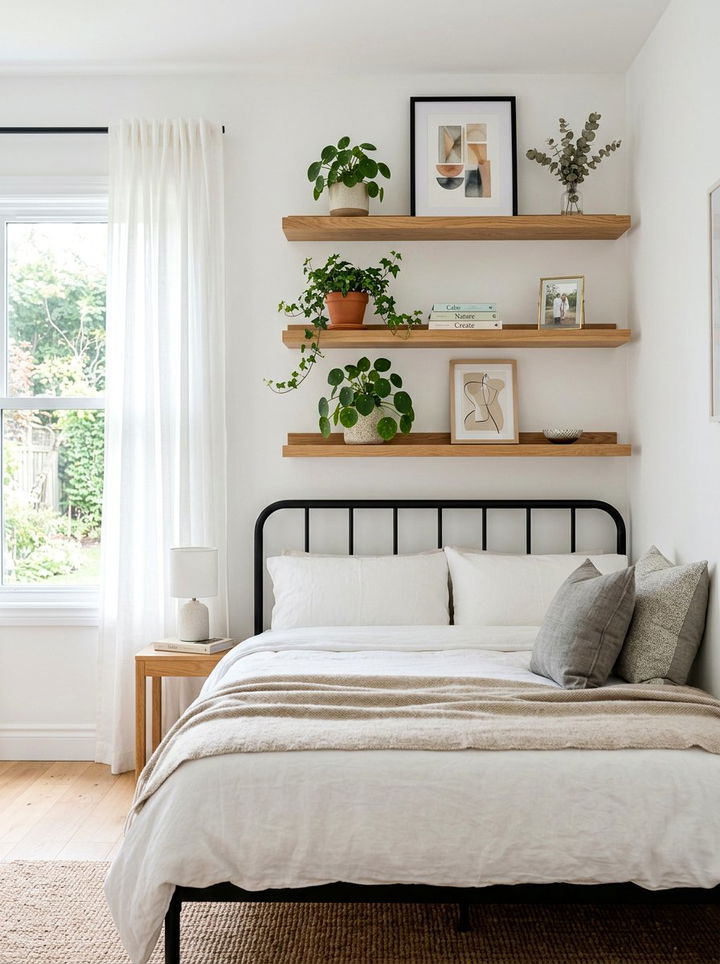 Floating Shelves Above Headboard - 30 bedroom overhead storage ideas