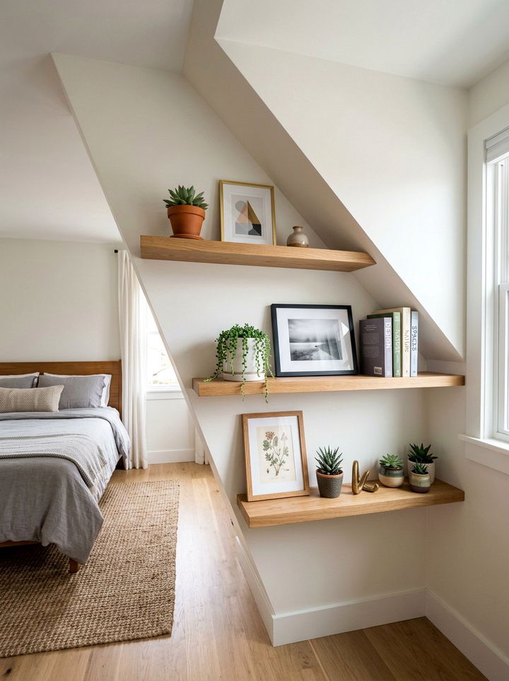 Floating Shelves On Slopes - 30 sloped ceiling bedroom ideas