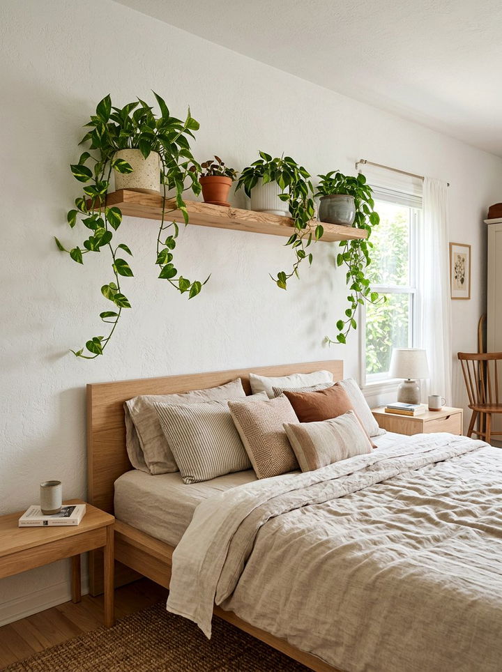 Floating Wood Shelf Over Bed - 30 bedroom plant shelves