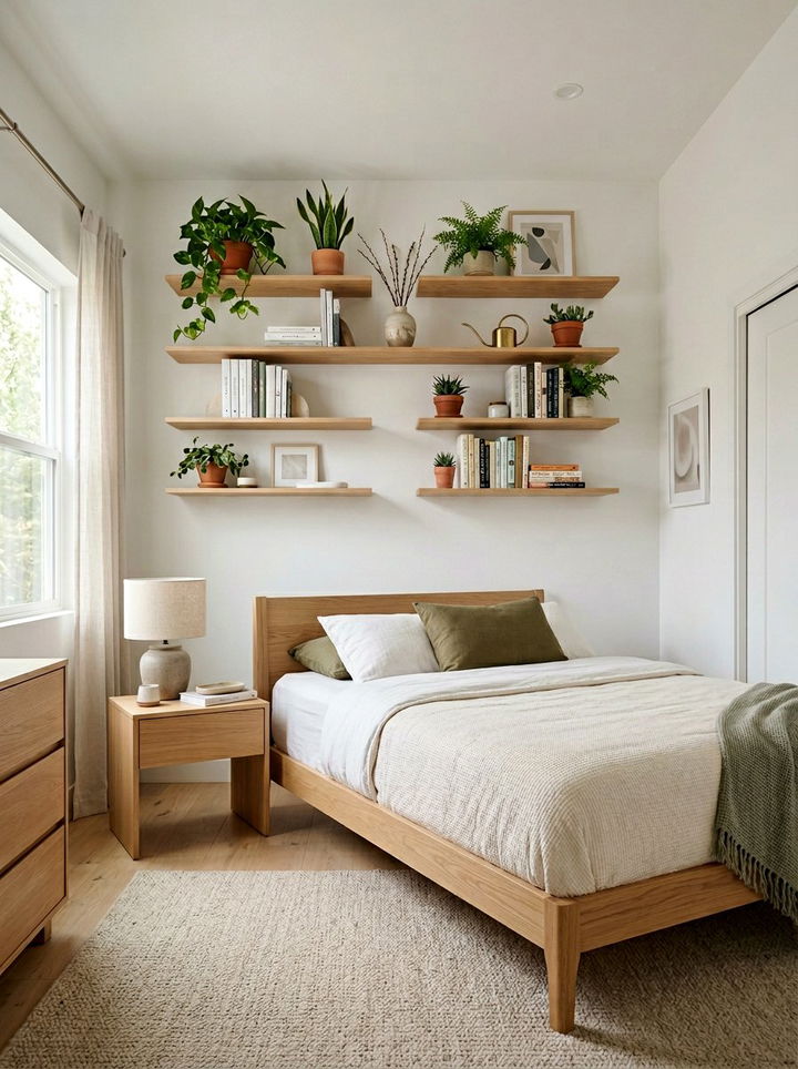 Floating Wood Shelves - 30 bedroom shelving ideas