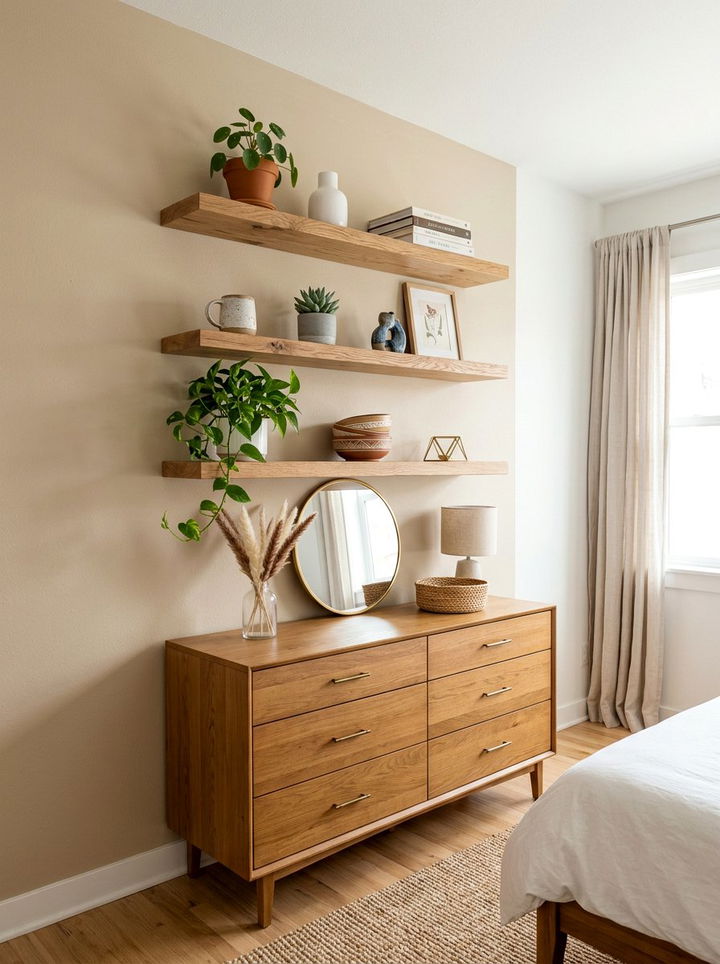 Floating Wood Shelves - 30 bohemian beige bedroom ideas