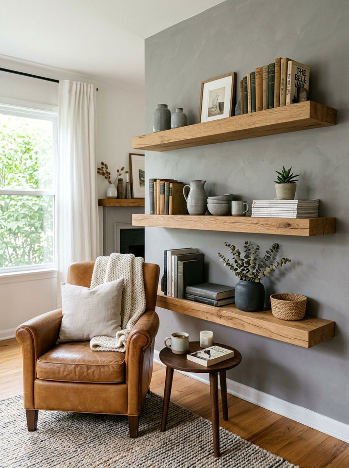 Floating Wood Shelves - 30 rustic gray bedroom ideas