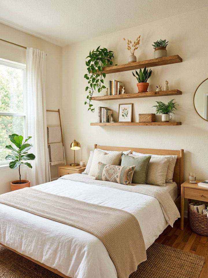 Floating Wood Shelves Bedroom - 30 bohemian cream bedroom ideas