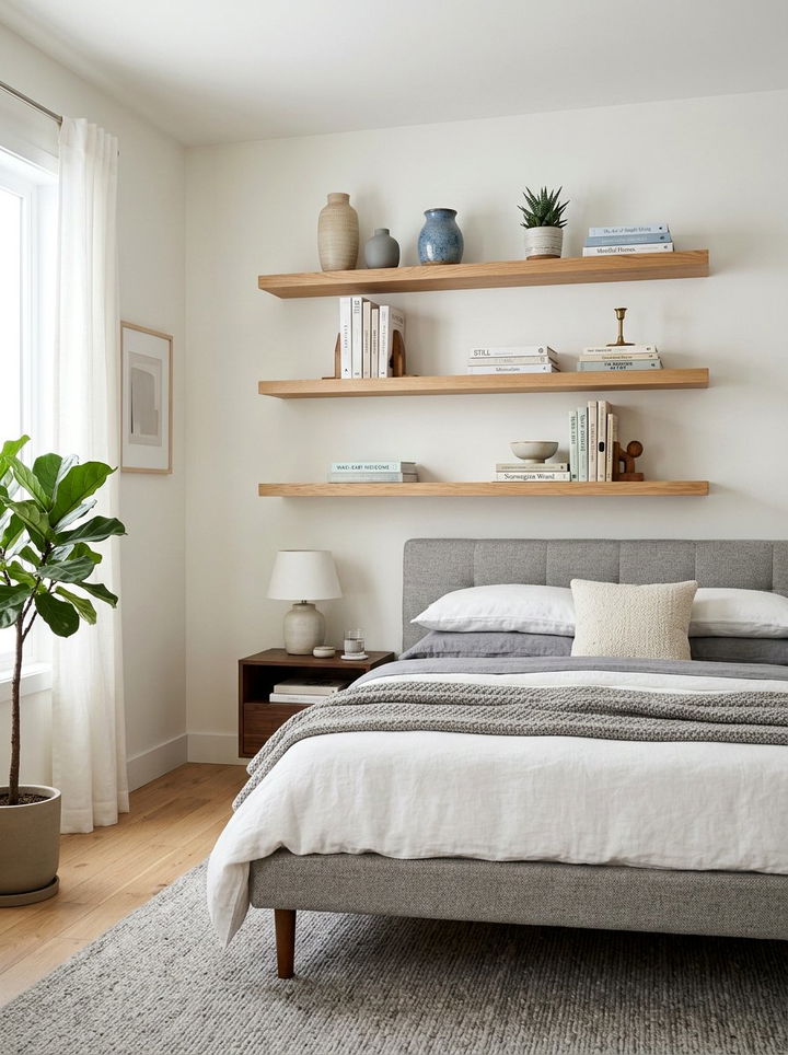 Floating Wood Shelves - 30 bedroom conversation starter ideas