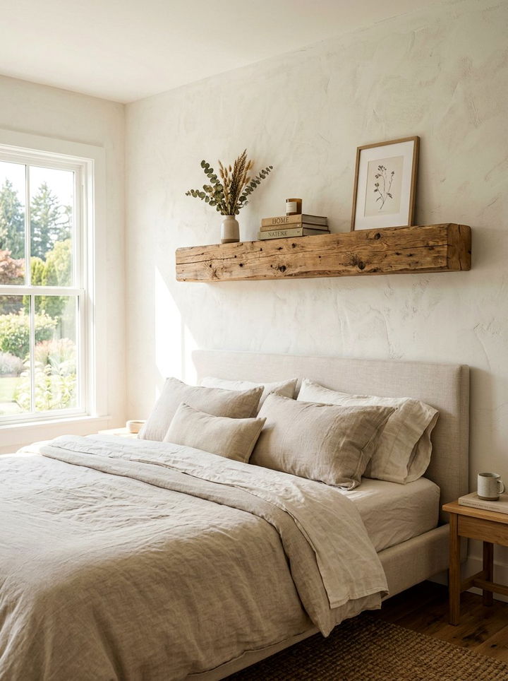 Floating Wooden Beam Shelf - 30 bedroom overhead storage ideas