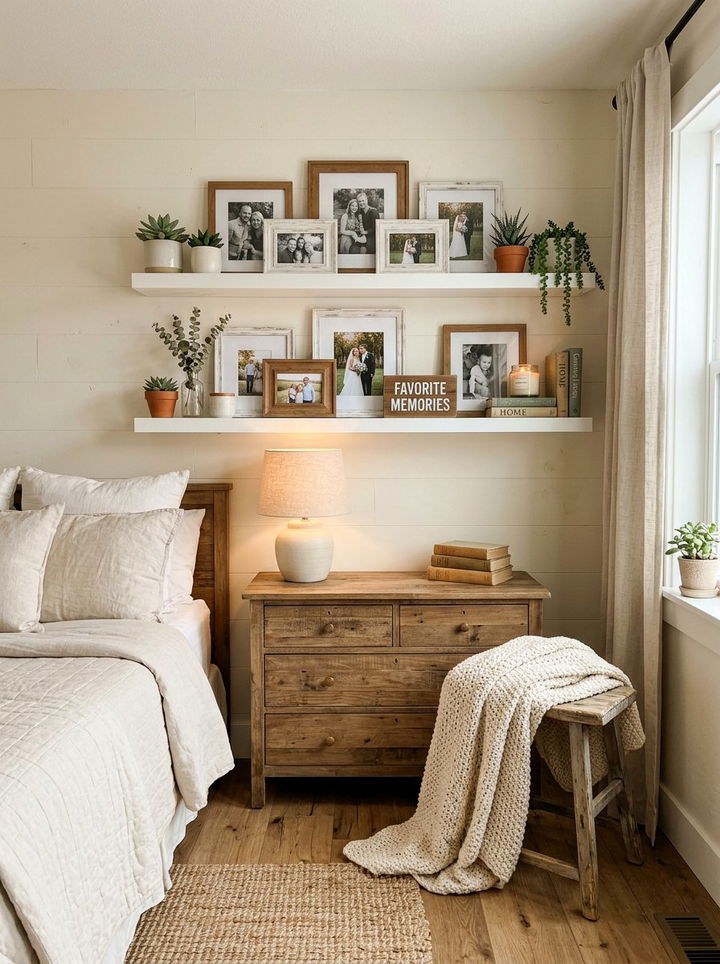 Floating shelf photo display - 30 bedroom memory wall ideas