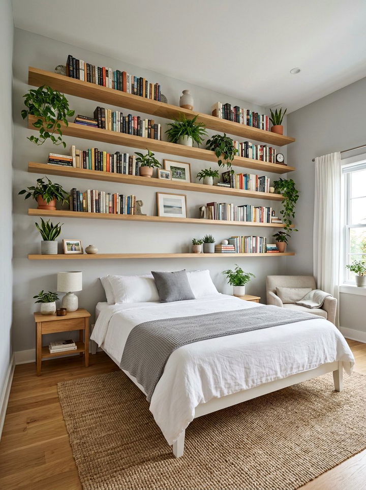 Floating shelf wall - 30 bedroom feature wall ideas