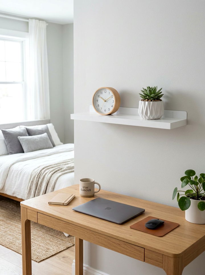 Floating shelf with adhesive - 30 no drill bedroom ideas