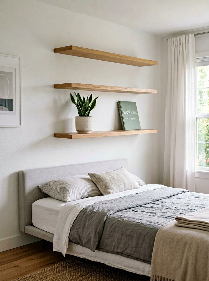 Floating wall shelves - 30 zen bedroom ideas