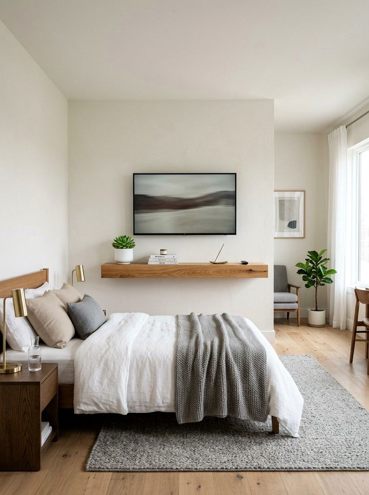 Floating wood shelf tv display - 30 bedroom tv ideas