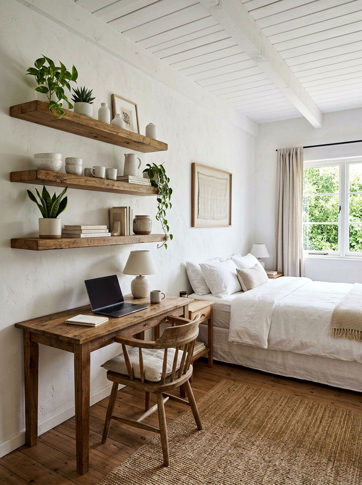 Floating wood shelves - 30 rustic white bedroom ideas