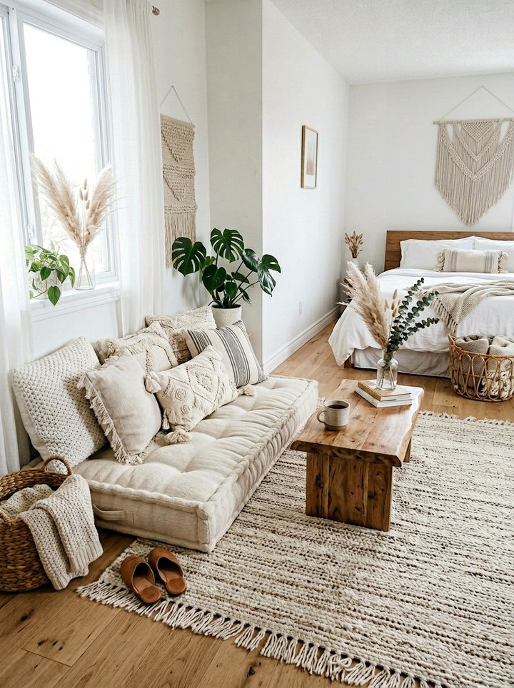Floor Cushion Seating - 30 bohemian white bedroom ideas