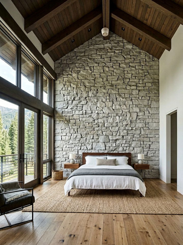 Floor To Ceiling Stone - 30 bedroom stone wall ideas