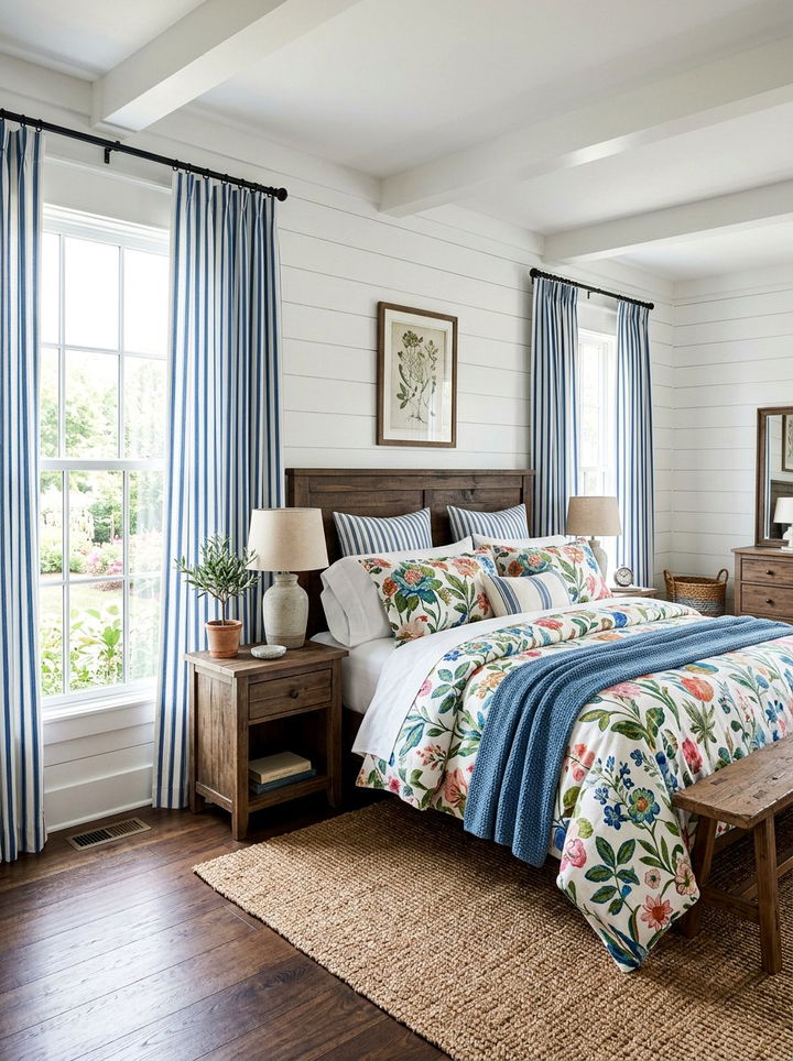 Floral Bedding Striped Curtains - 30 bedroom pattern mixing ideas