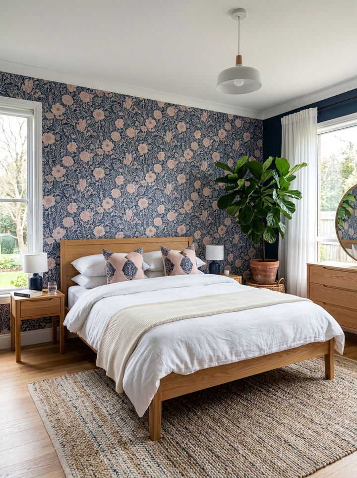 Floral Pattern Wallpaper - 30 navy and blush bedroom ideas