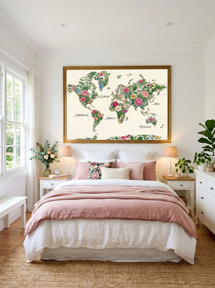 Floral Pattern World Map Art - 30 world map bedroom ideas