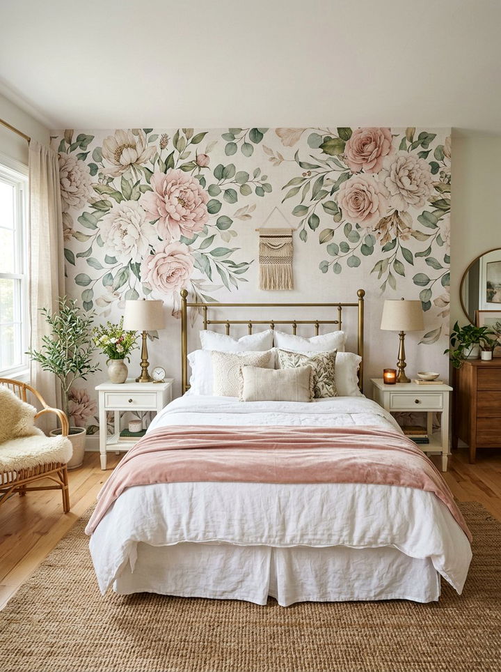 Floral Wallpaper Accent Wall - 30 bedroom accent walls