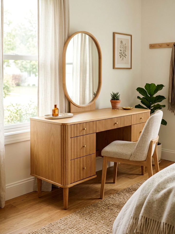 Fluted Wood Vanity Desk - 30 bedroom modern vanity designs