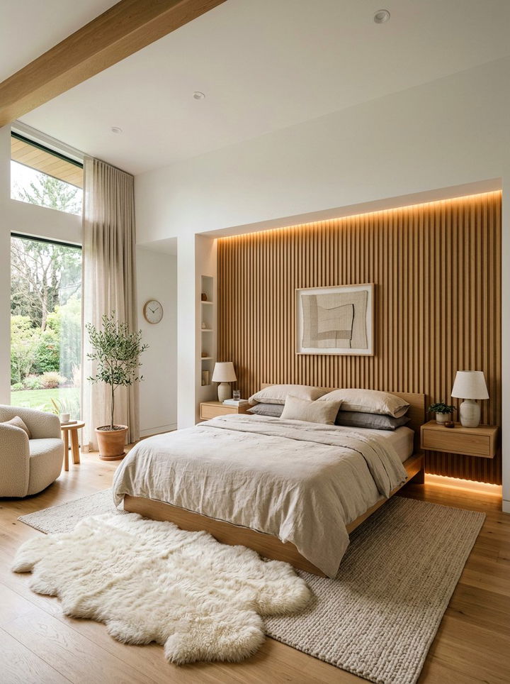 Fluted Wood Wall - 30 soft texture bedroom ideas