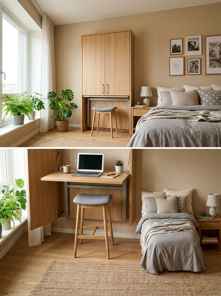 Fold Down Wall Desk - 30 small bedroom space storage ideas