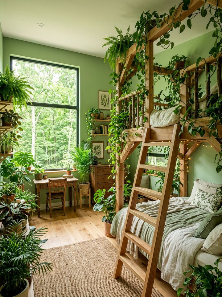 Forest Greenery Accent Bed - 30 treehouse bedroom ideas