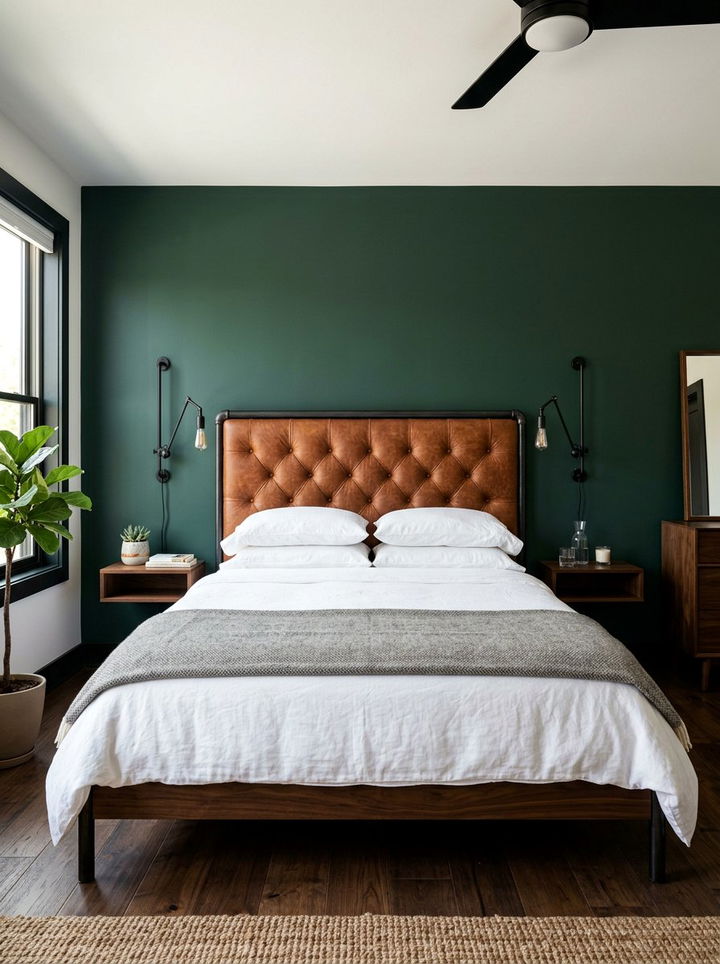 Forest green wall and leather headboard - 30 forest green accent wall bedroom