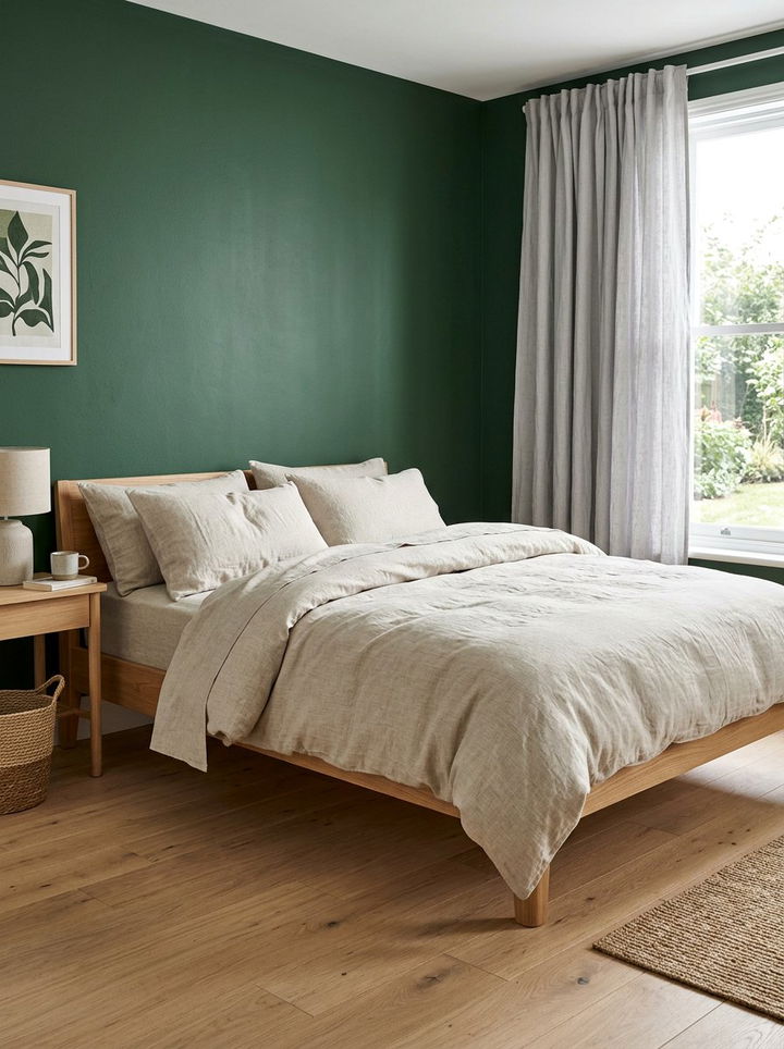 Forest green wall and natural linen - 30 forest green accent wall bedroom