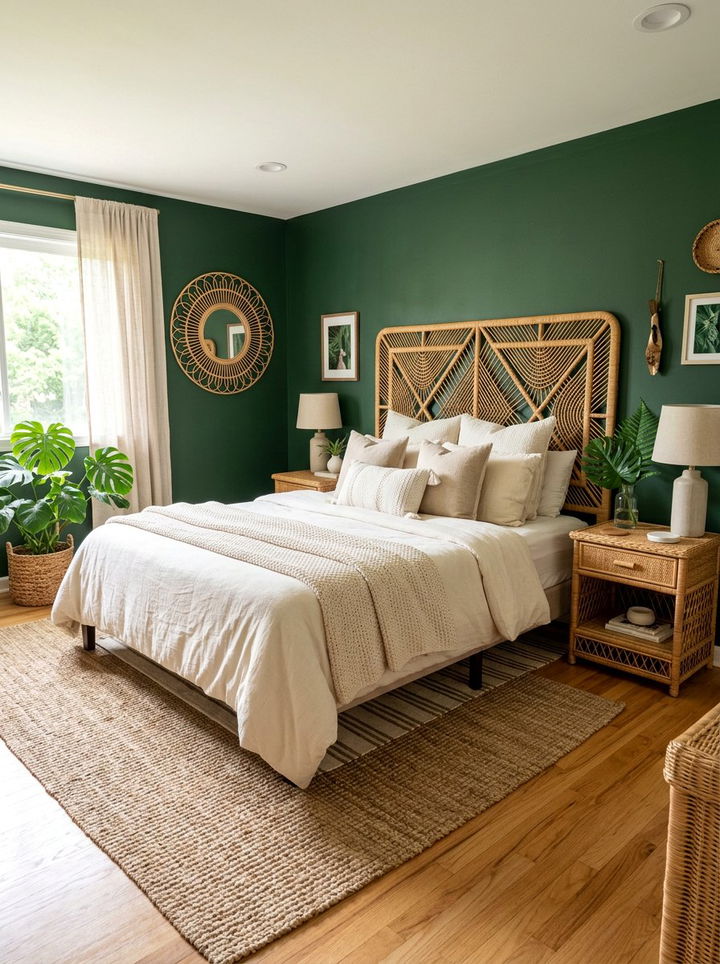 Forest green wall and rattan decor - 30 forest green accent wall bedroom