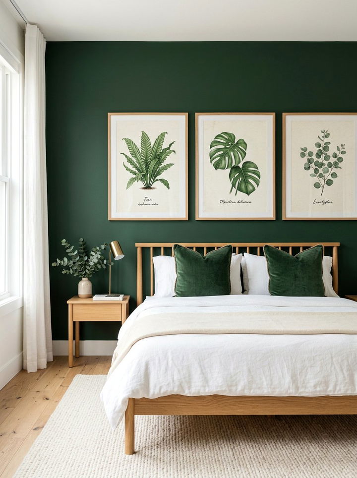 Forest green wall with botanical art - 30 forest green accent wall bedroom