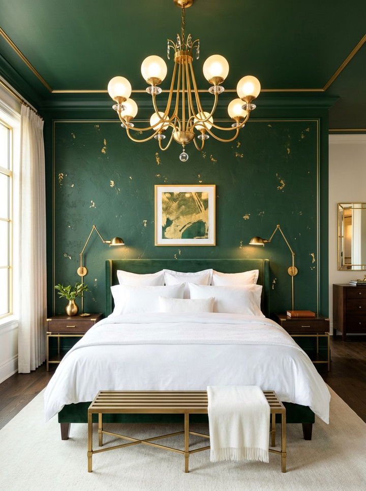 Forest green wall with brass lighting - 30 forest green accent wall bedroom